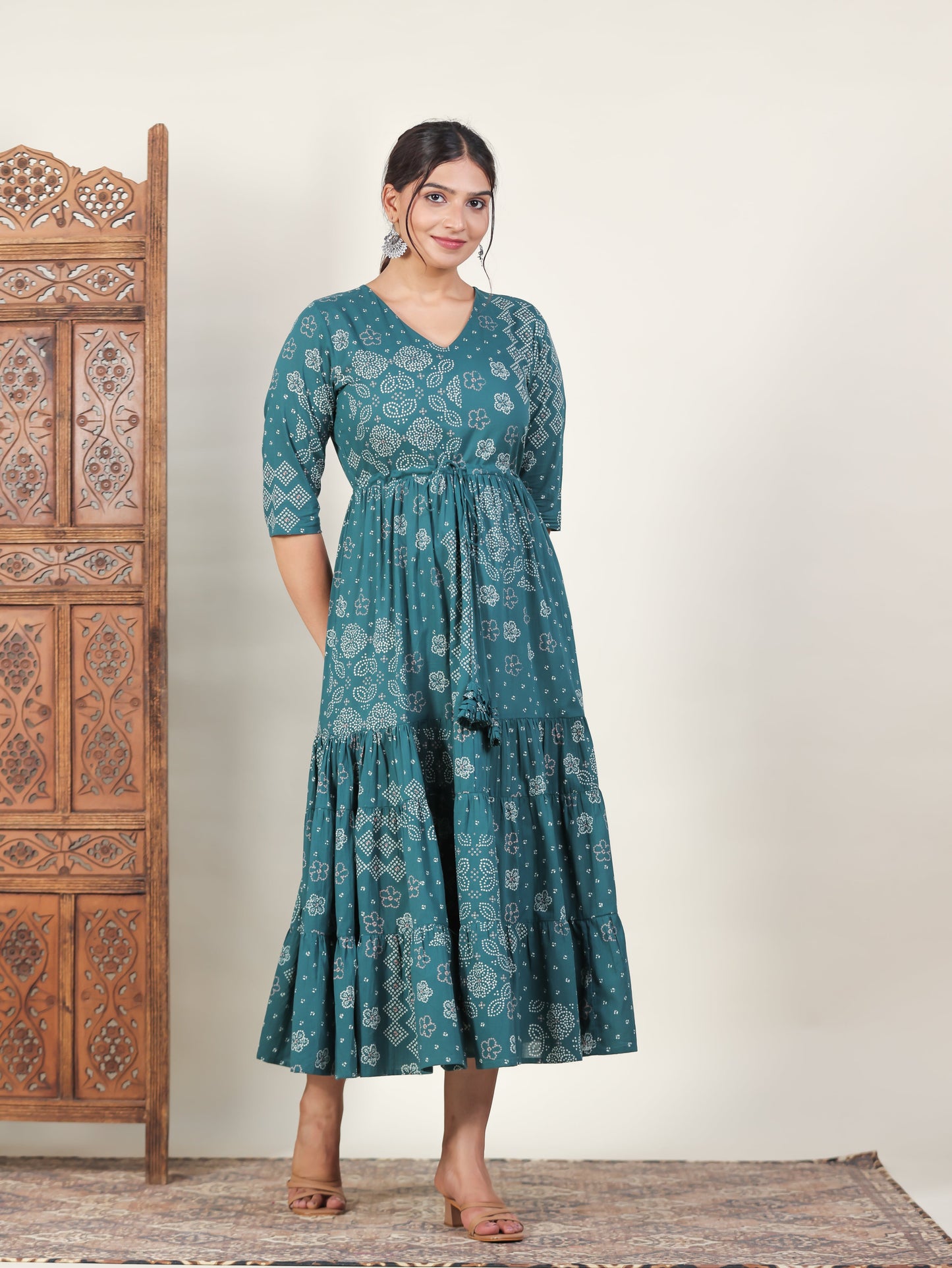 Soft Cotton Bandhani Anarkali Green Dress