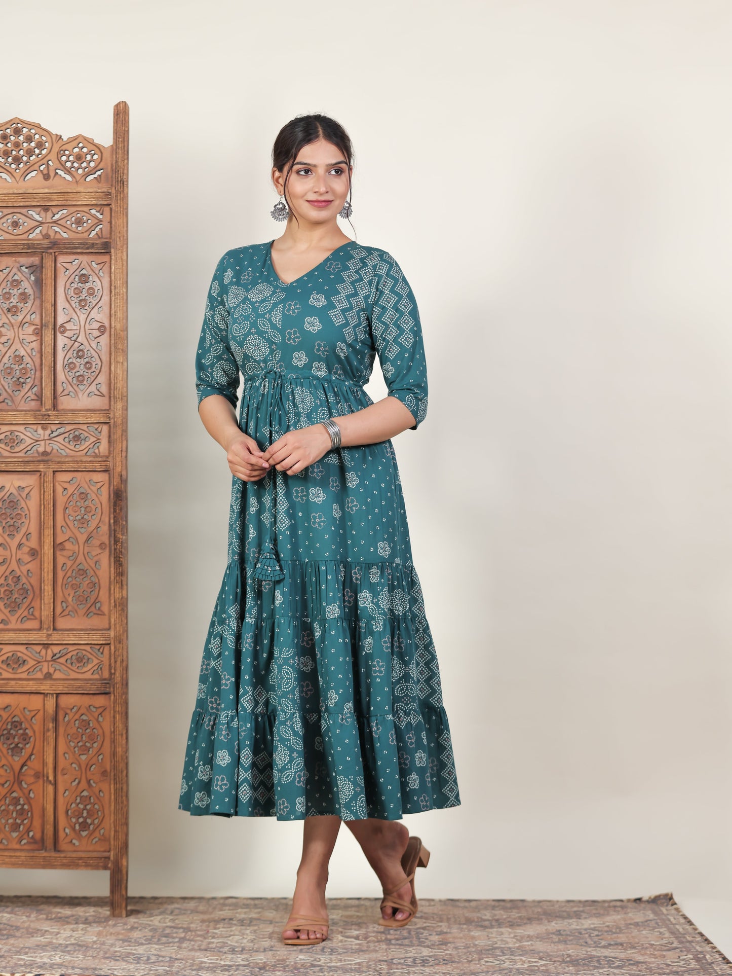 Soft Cotton Bandhani Anarkali Green Dress