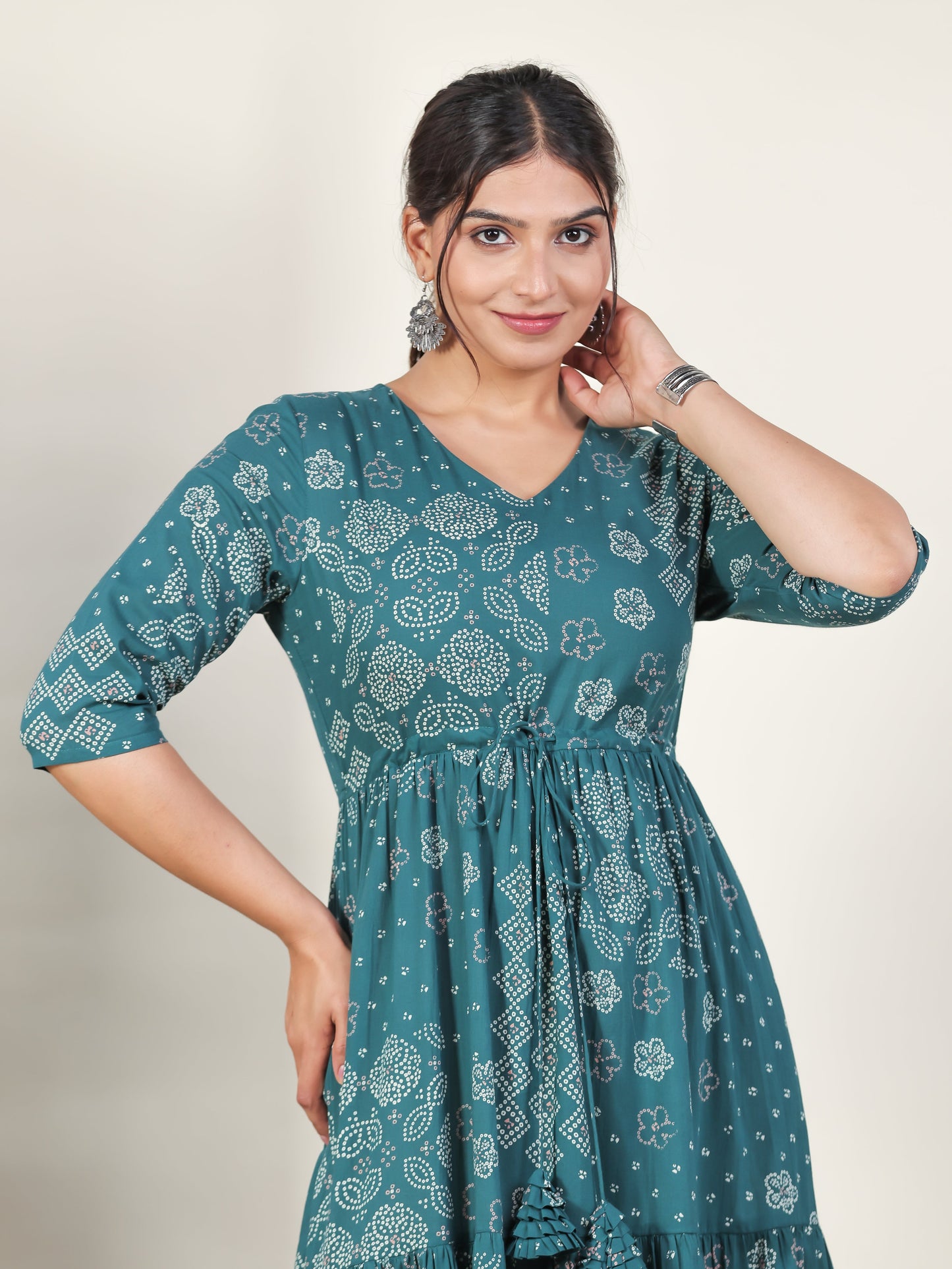 Soft Cotton Bandhani Anarkali Green Dress