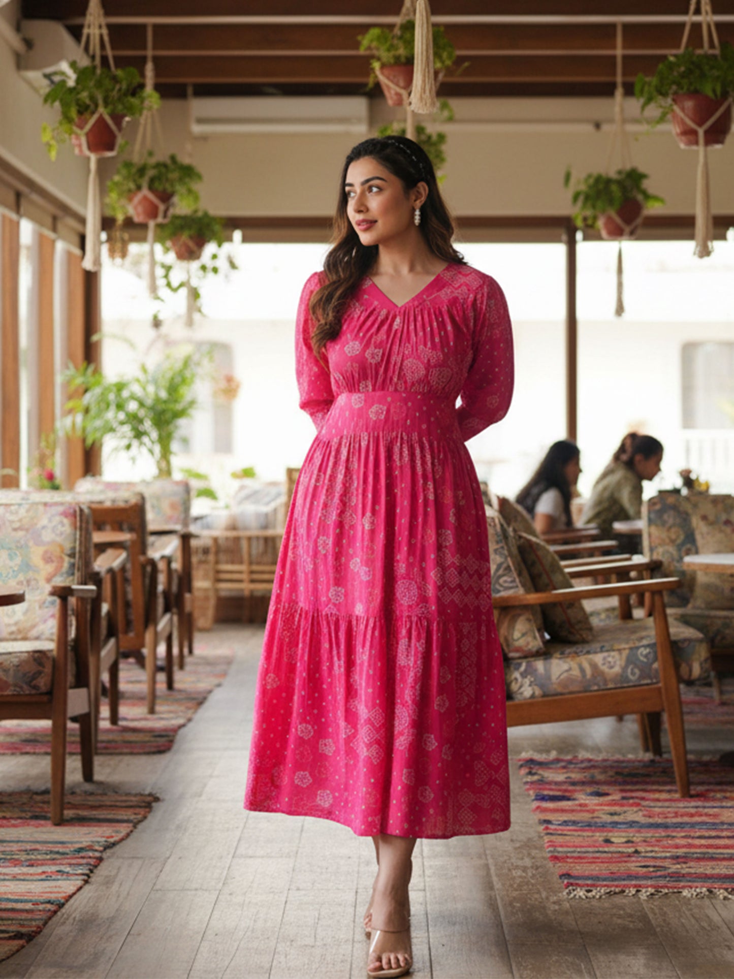 Soft Cotton Bandhani Gathered Pink Dress