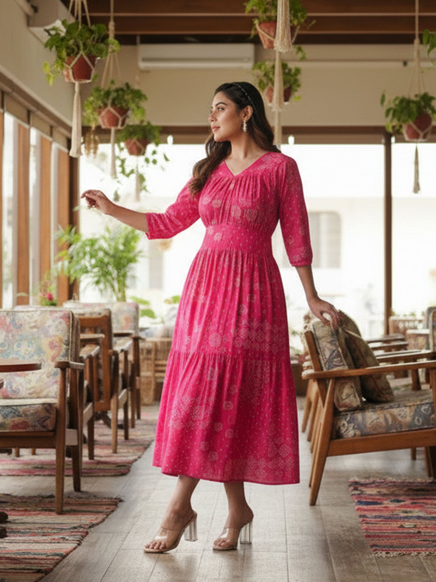Soft Cotton Bandhani Gathered Pink Dress