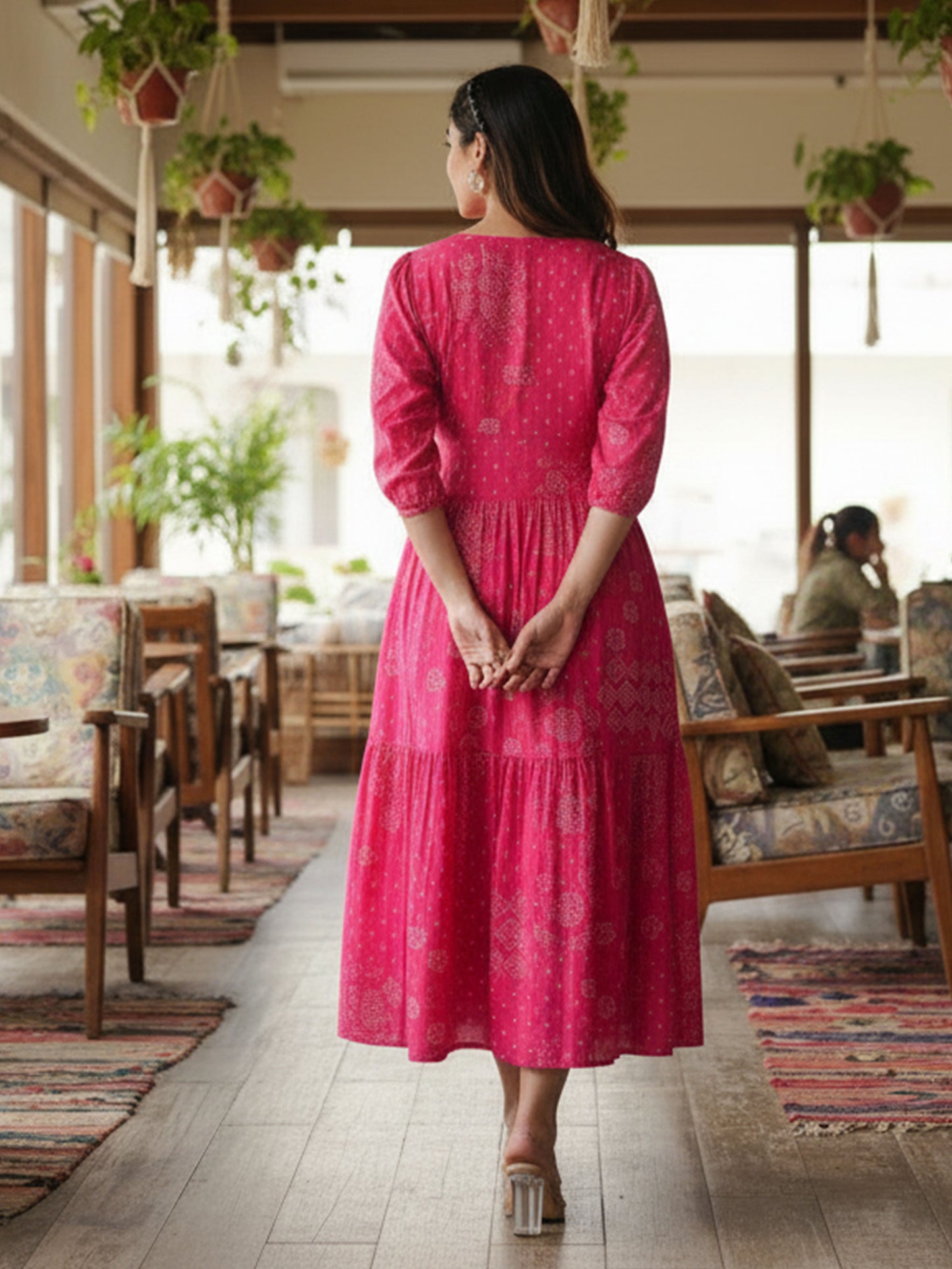 Soft Cotton Bandhani Gathered Pink Dress