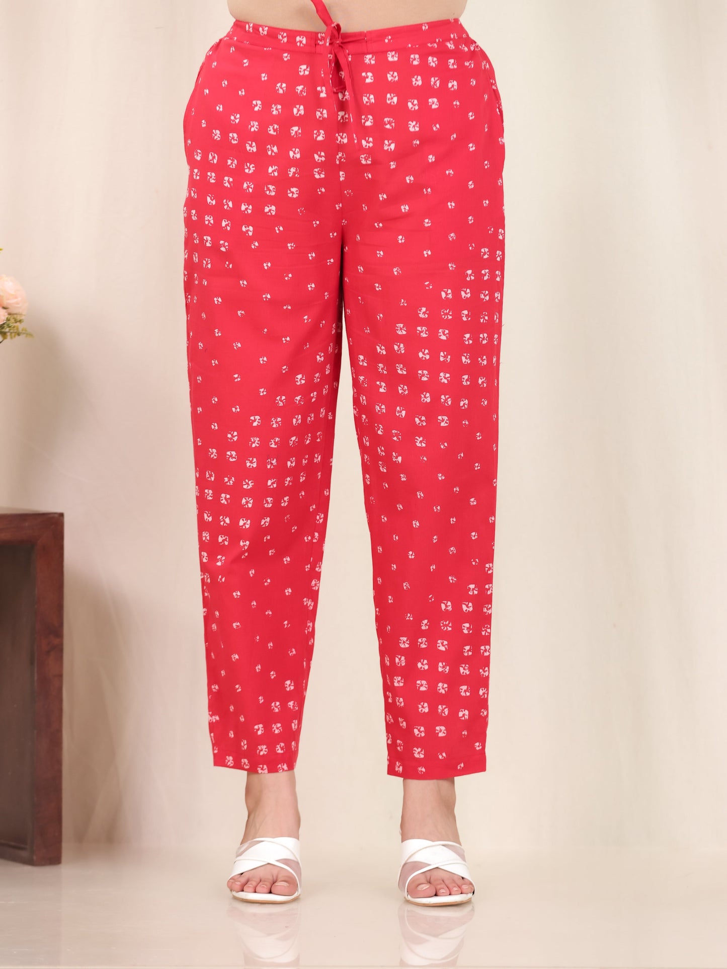 Soft Cotton Bandhani Red Tapered Trousers