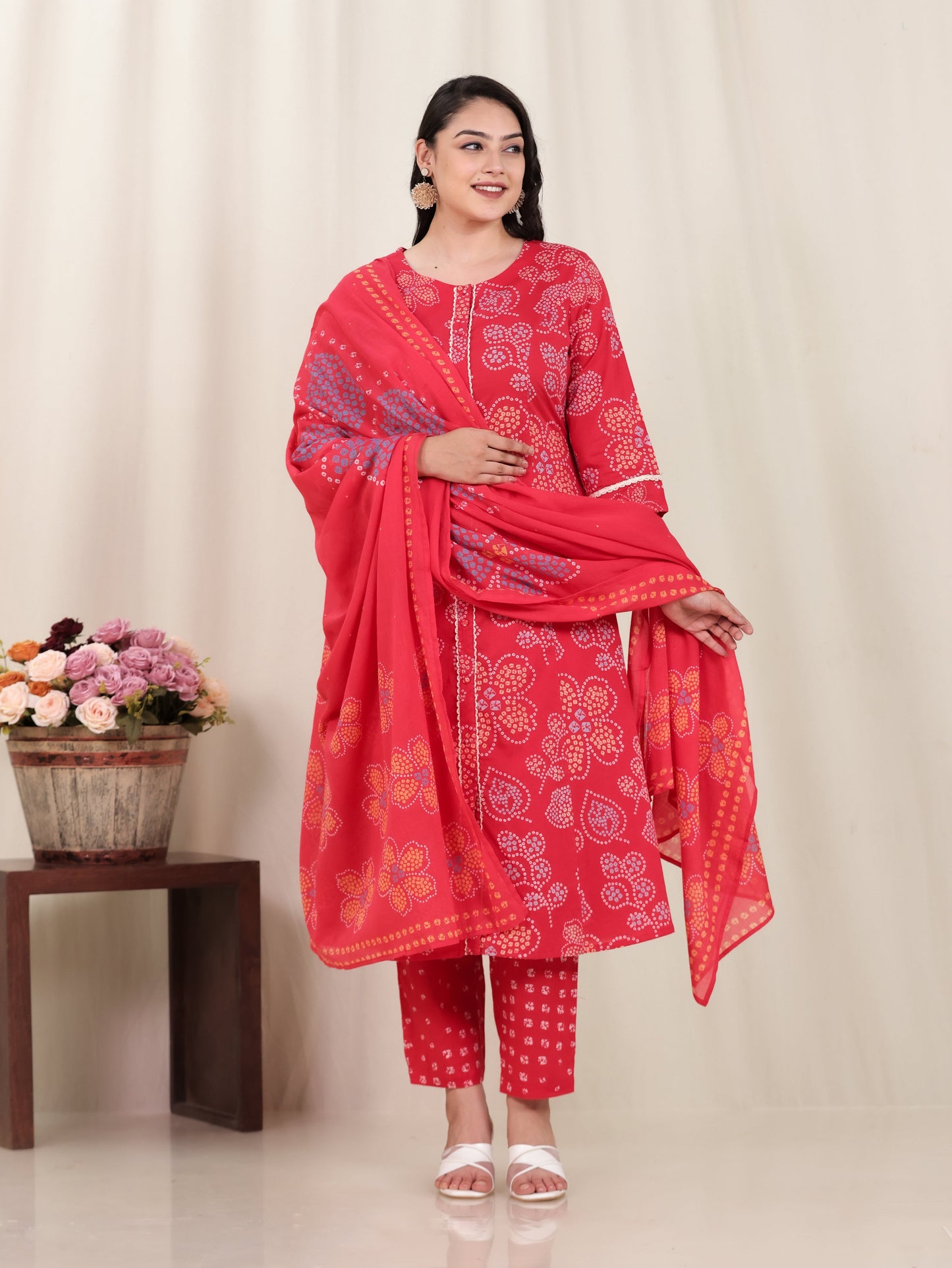 Soft Cotton Bandhani Flared Red Kurta