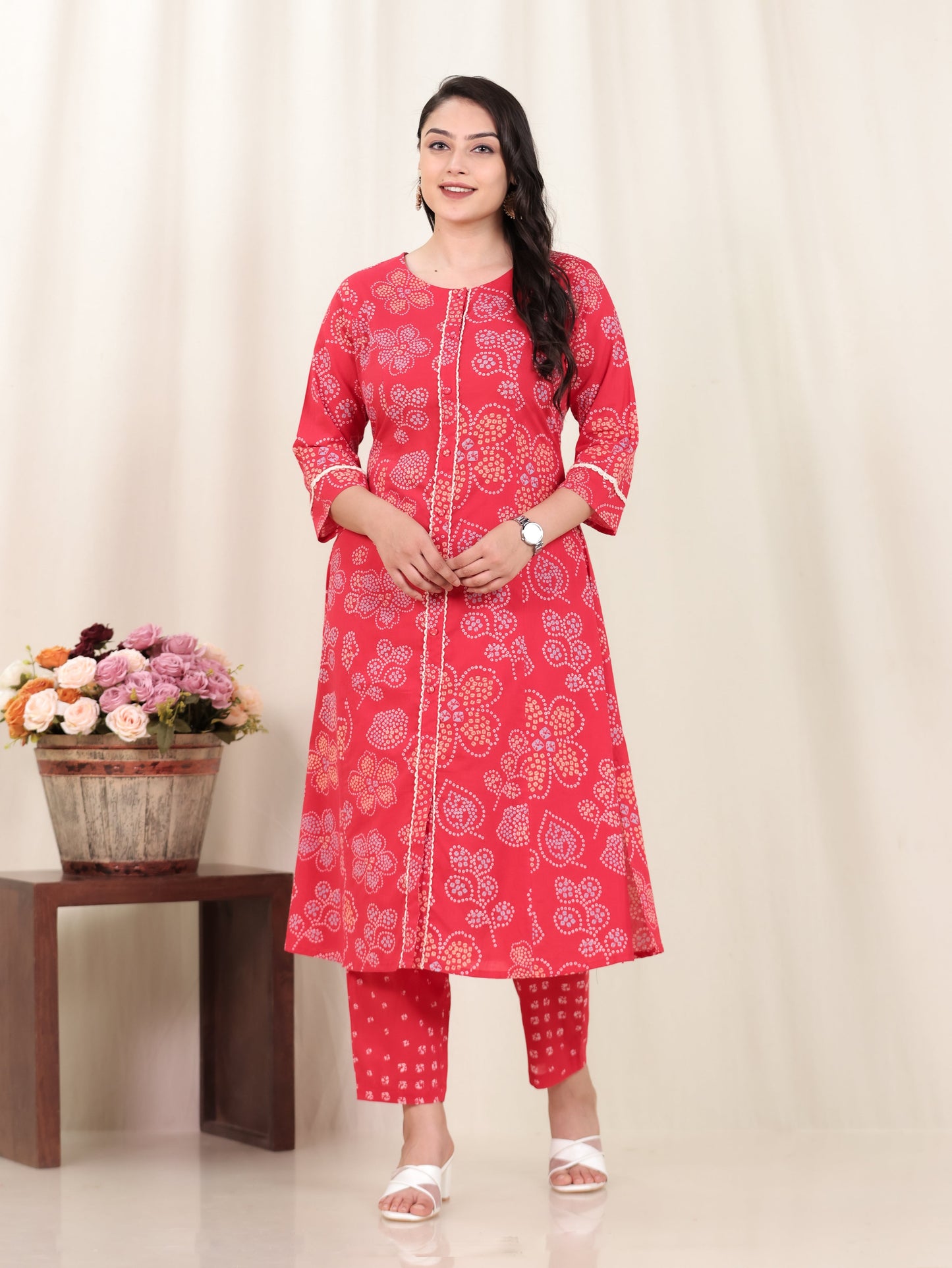 Soft Cotton Bandhani Flared Red Kurta