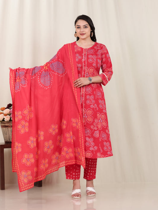 Soft Cotton Bandhani Flared Red Kurta