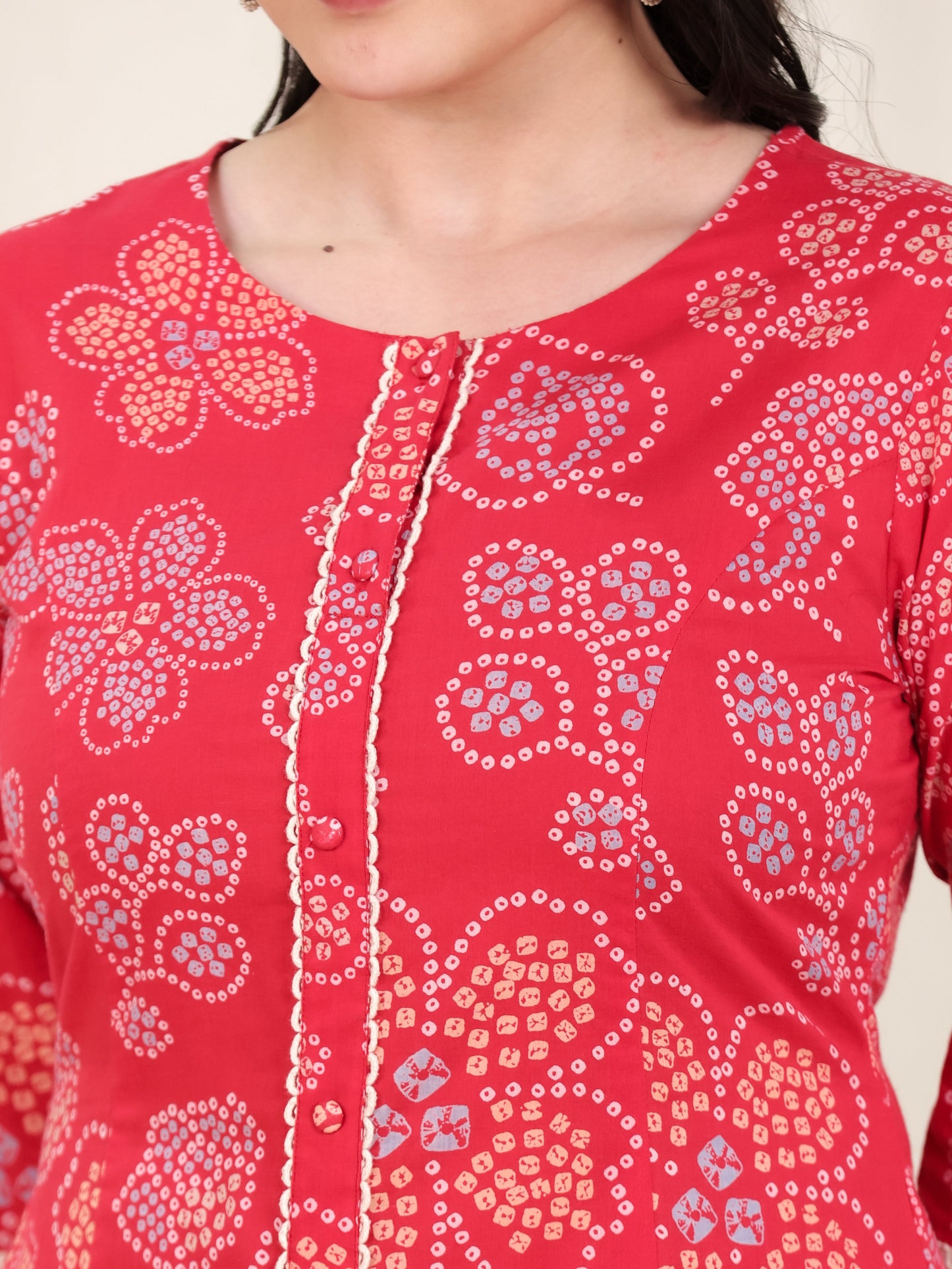 Soft Cotton Bandhani Flared Red Kurta