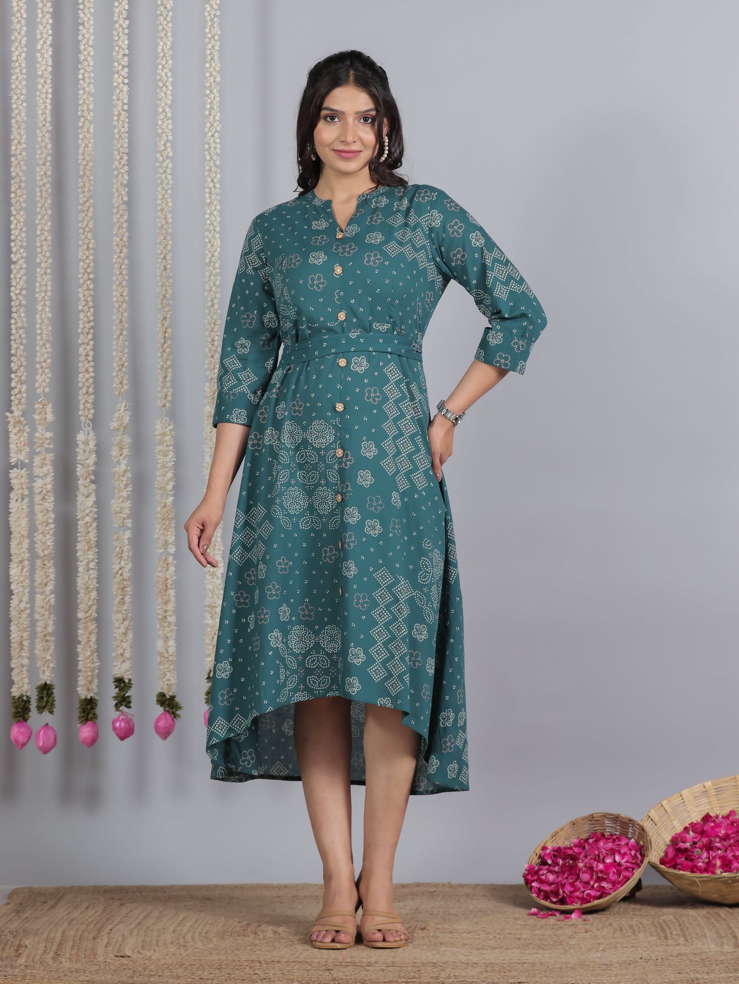 Soft Cotton Bandhani High Low Teal Dress