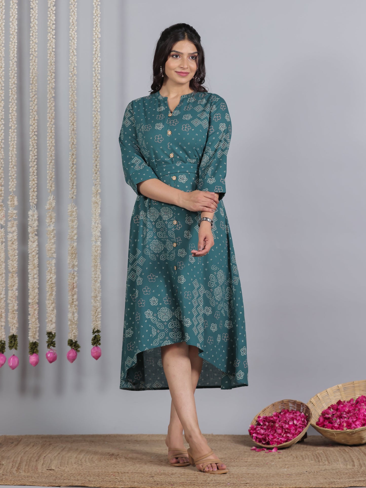 Soft Cotton Bandhani High Low Teal Dress