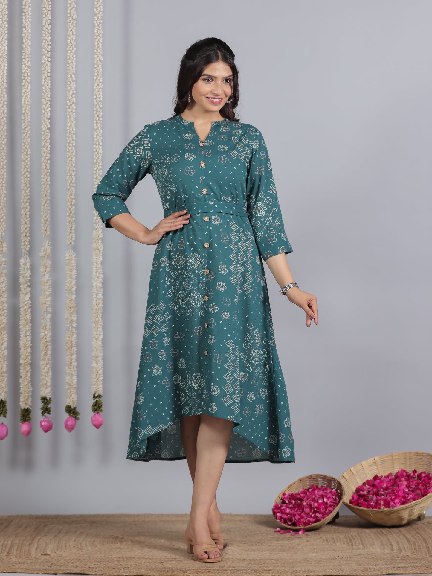 Soft Cotton Bandhani High Low Teal Dress