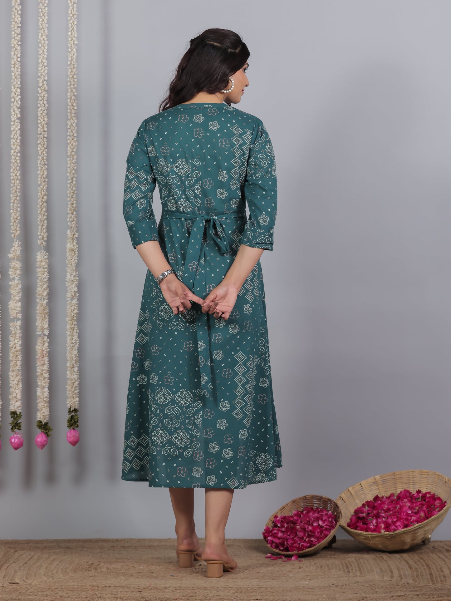 Soft Cotton Bandhani High Low Teal Dress