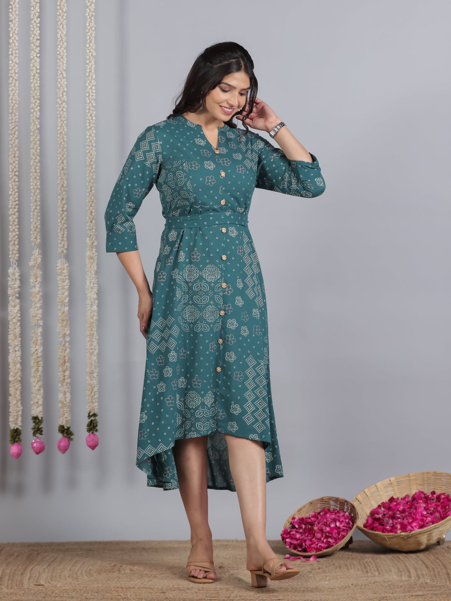 Soft Cotton Bandhani High Low Teal Dress