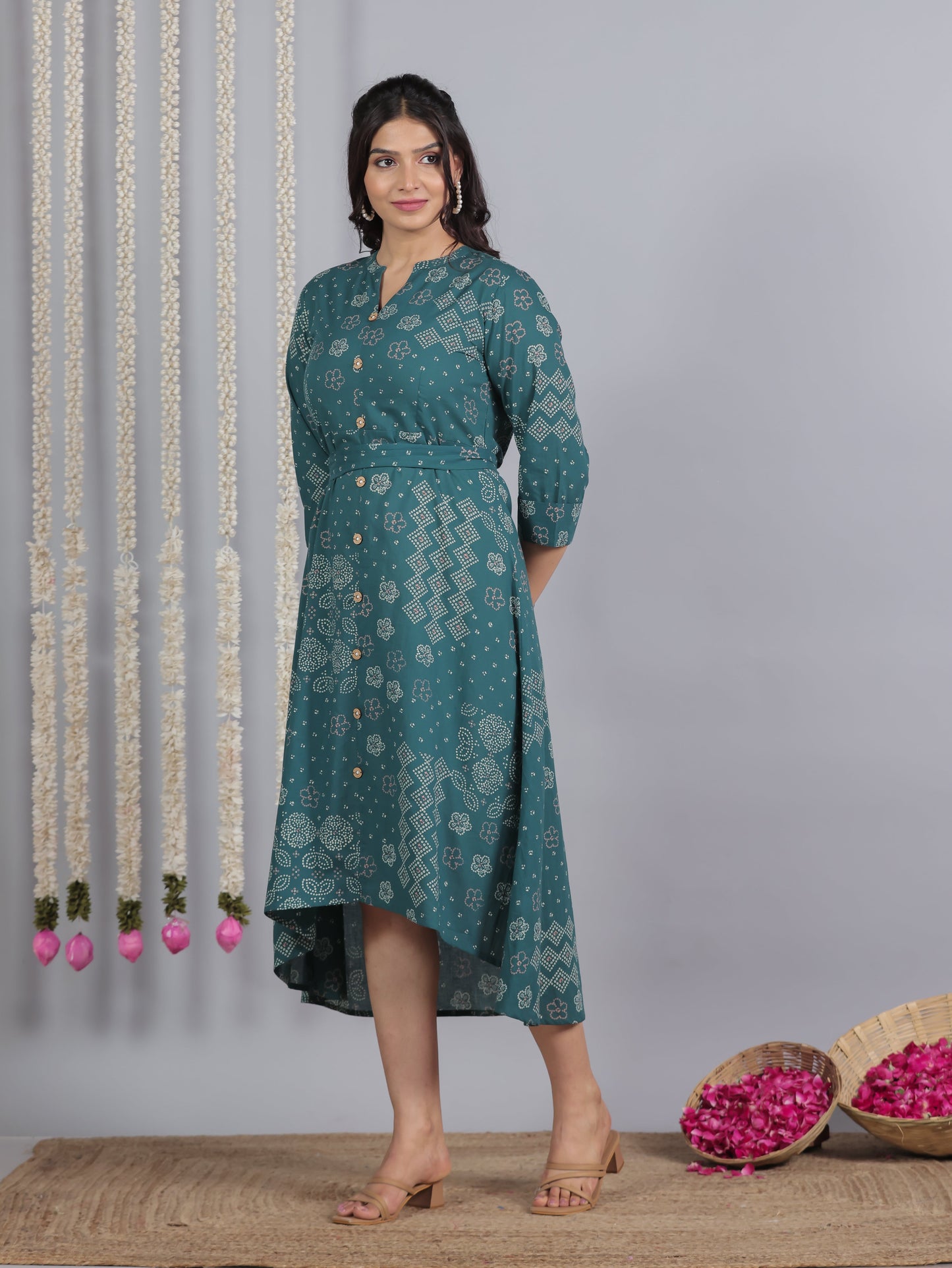 Soft Cotton Bandhani High Low Teal Dress