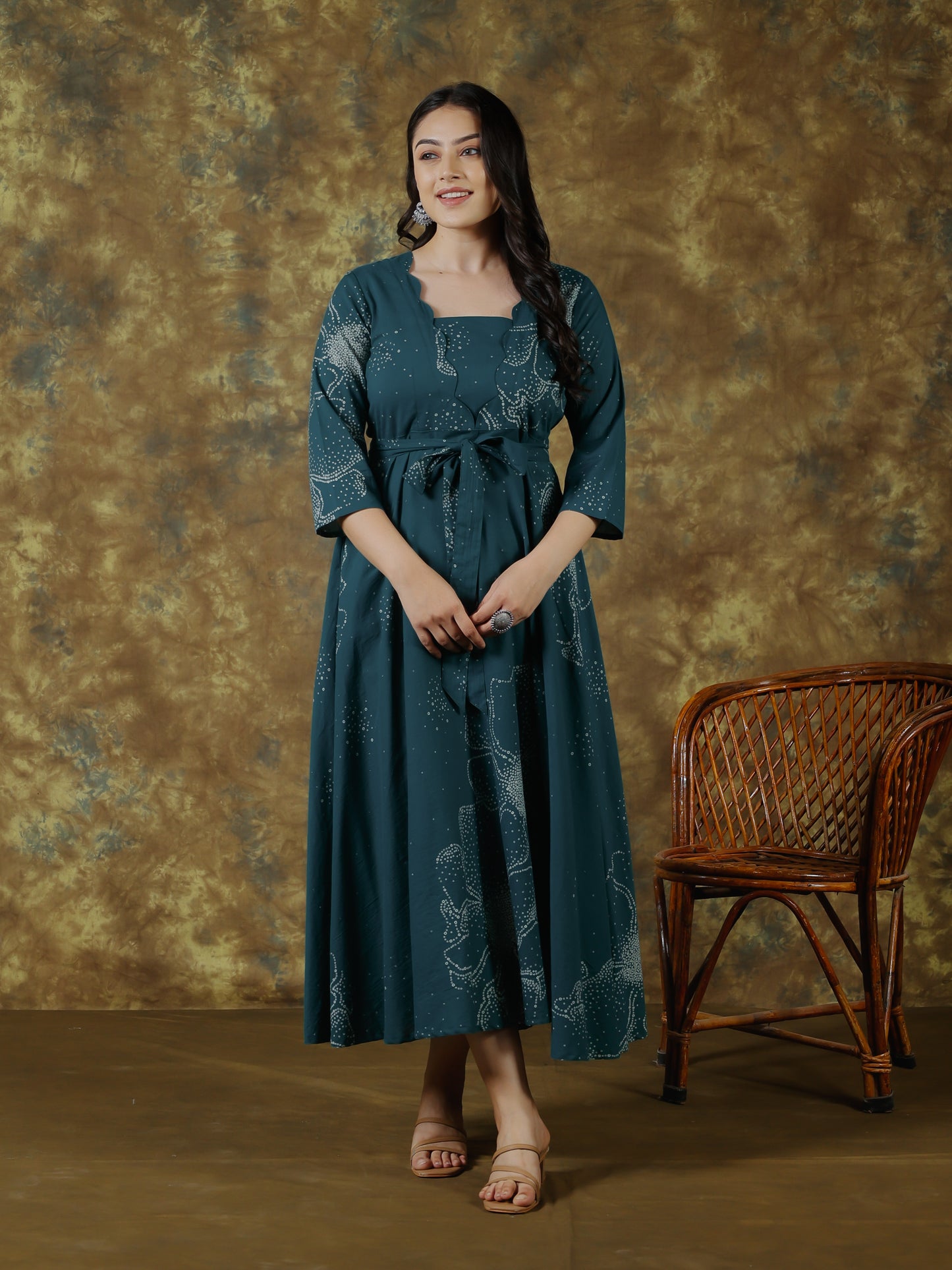 Soft Cotton Floral Placement Print Anarkali Teal Dress