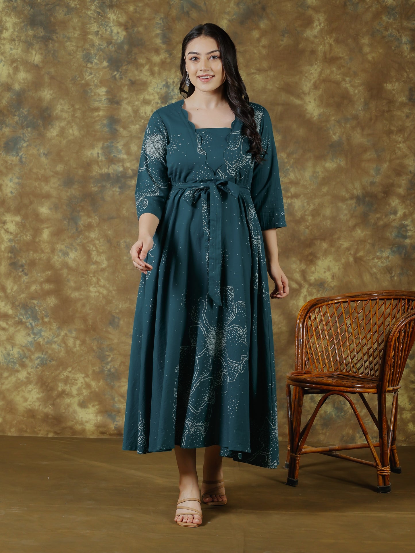 Soft Cotton Floral Placement Print Anarkali Teal Dress