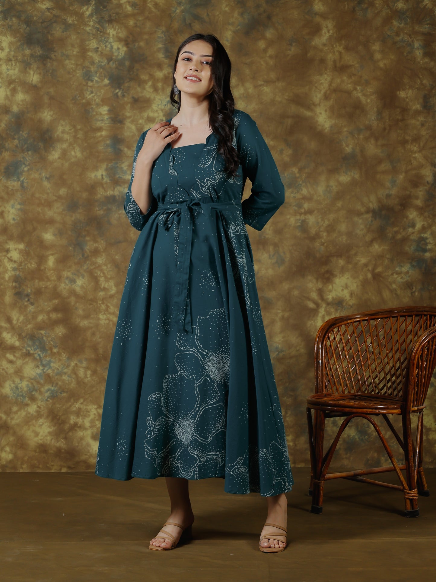 Soft Cotton Floral Placement Print Anarkali Teal Dress