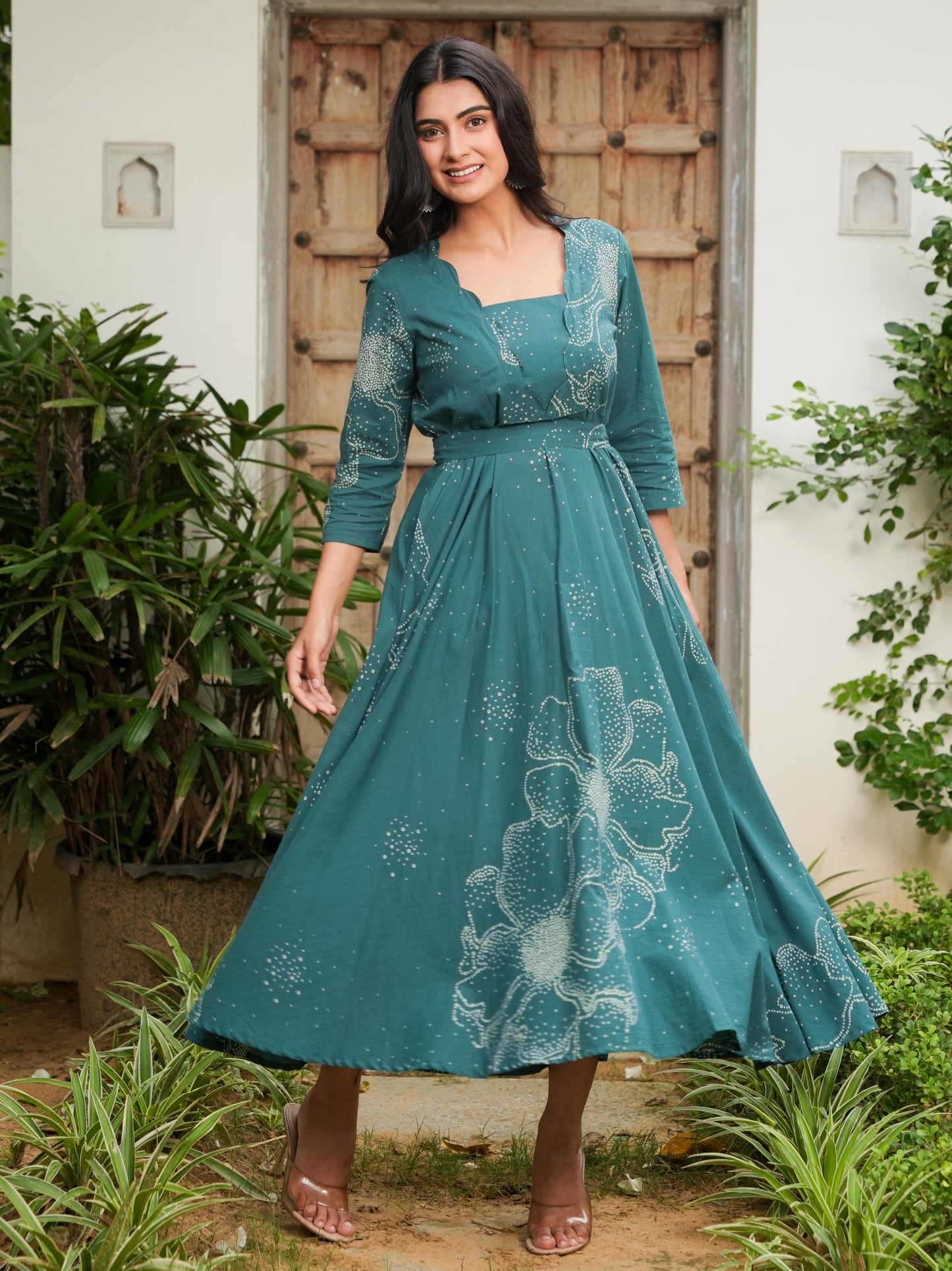 Soft Cotton Floral Anarkali Teal Dress