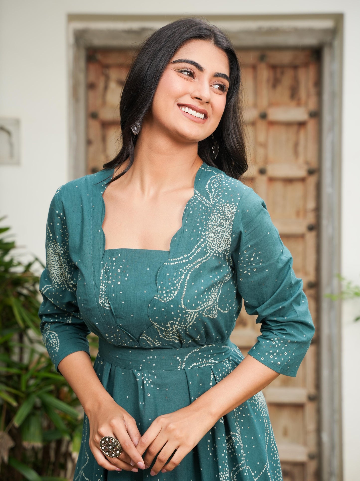 Soft Cotton Floral Anarkali Teal Dress