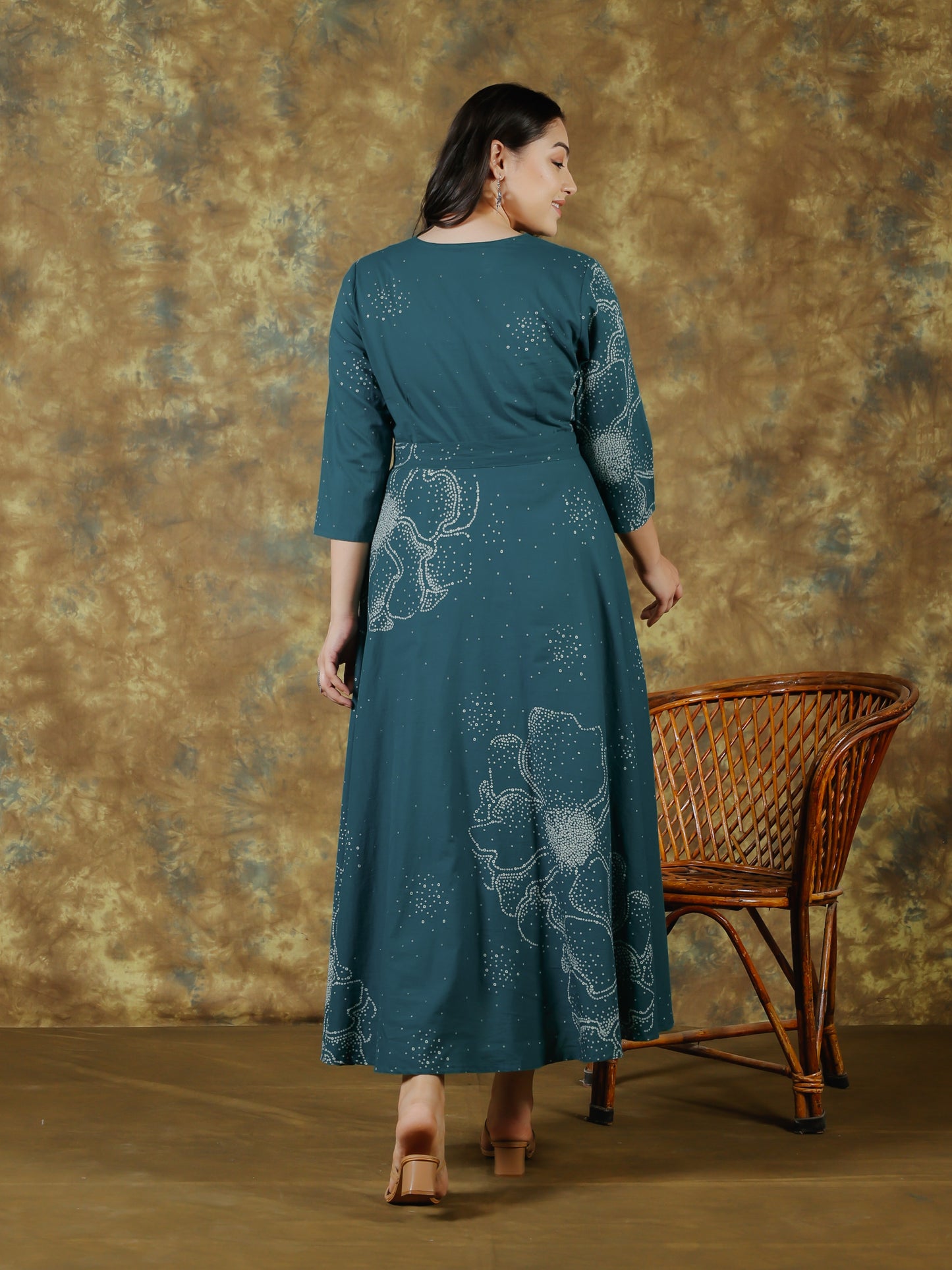 Soft Cotton Floral Placement Print Anarkali Teal Dress