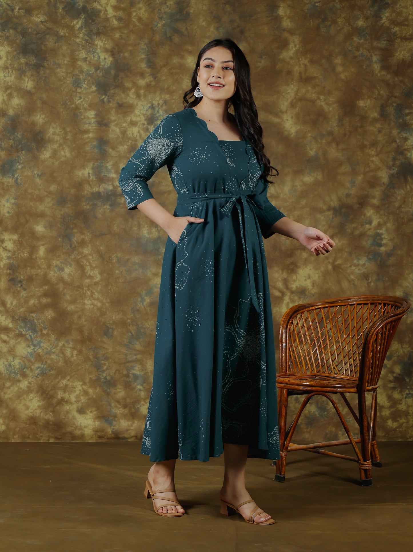 Soft Cotton Floral Placement Print Anarkali Teal Dress