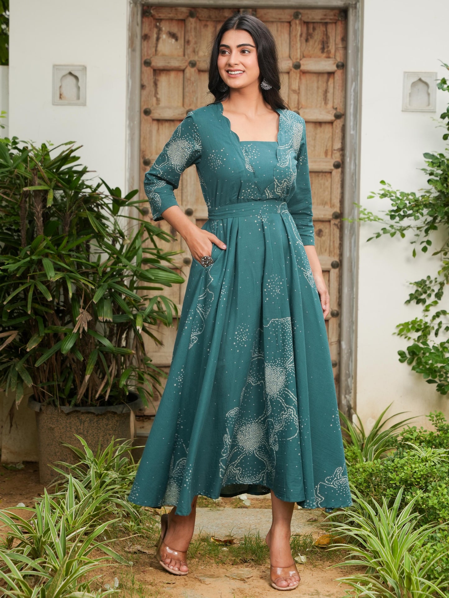 Soft Cotton Floral Anarkali Teal Dress