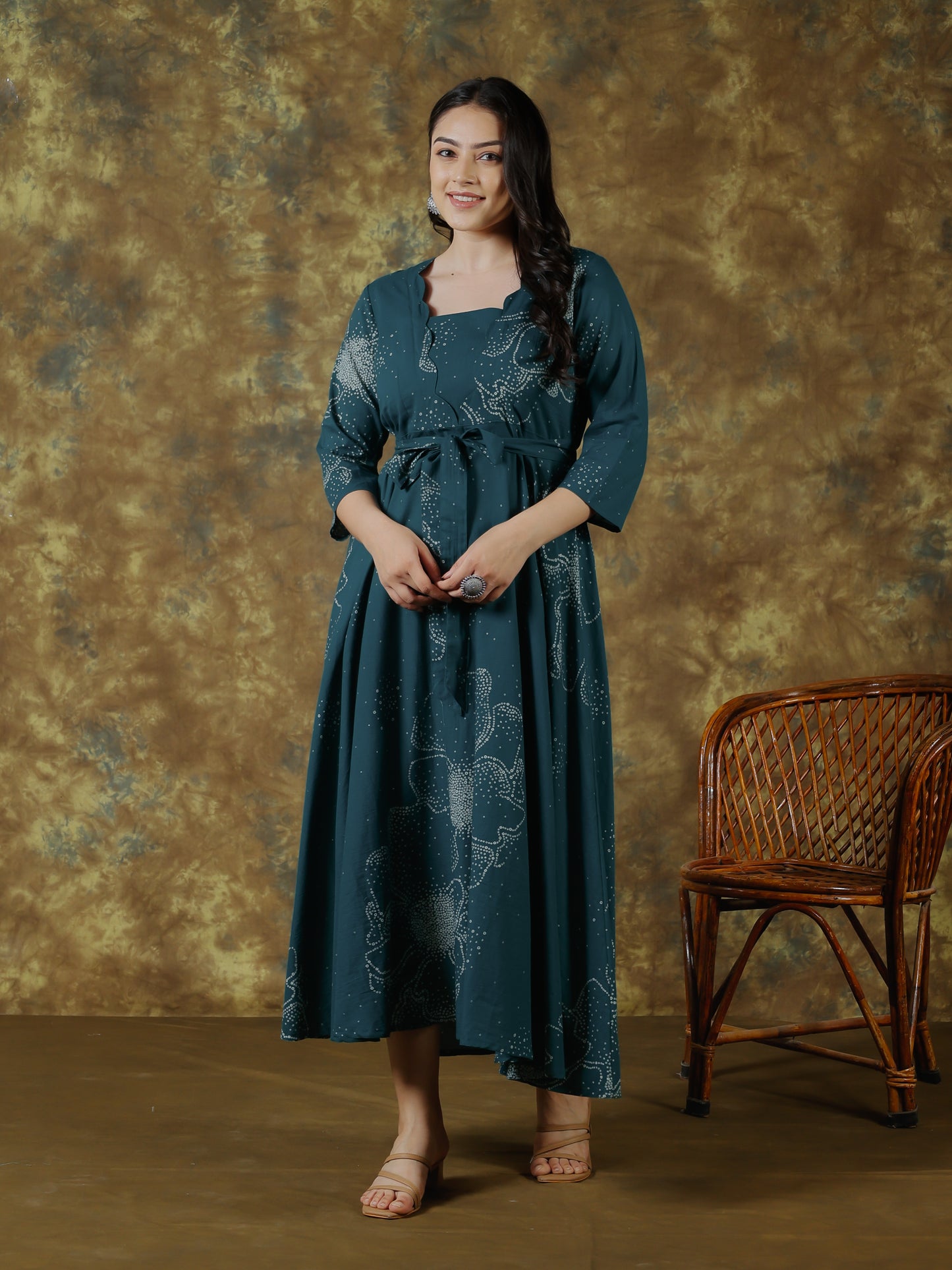 Soft Cotton Floral Placement Print Anarkali Teal Dress