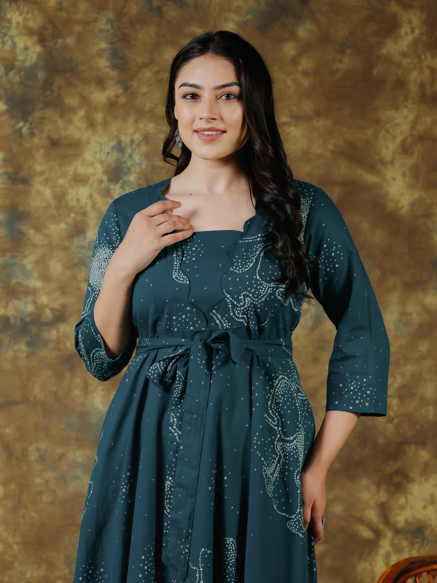 Soft Cotton Floral Placement Print Anarkali Teal Dress