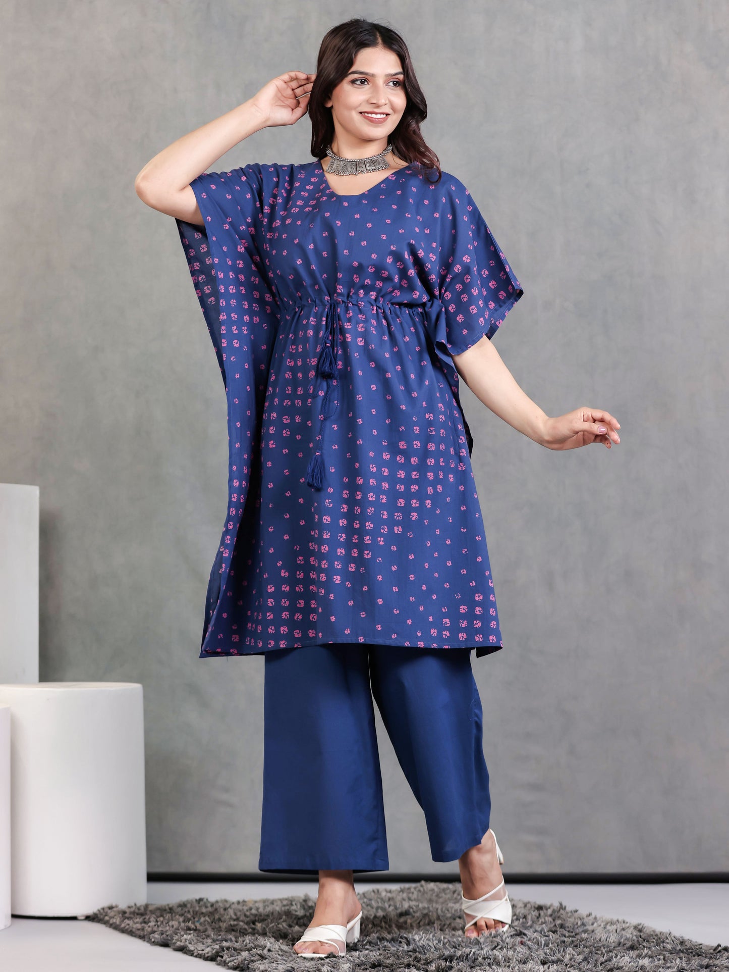 Soft Cotton Bandhani Kaftan Blue Kurta