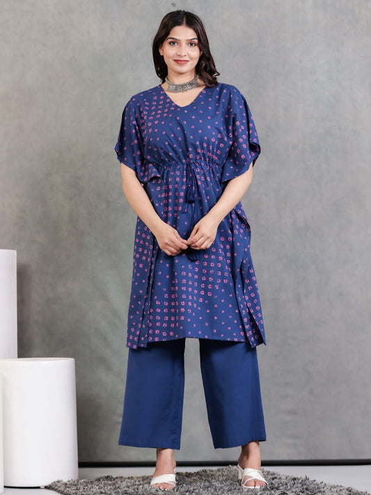 Soft Cotton Bandhani Kaftan Blue Kurta