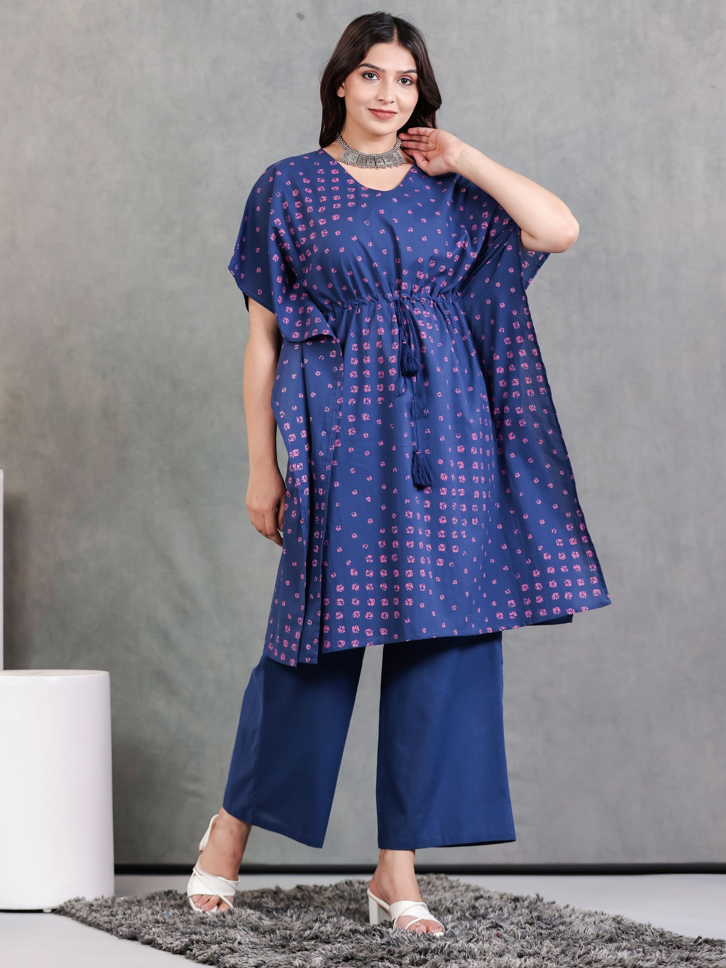 Soft Cotton Bandhani Kaftan Blue Kurta