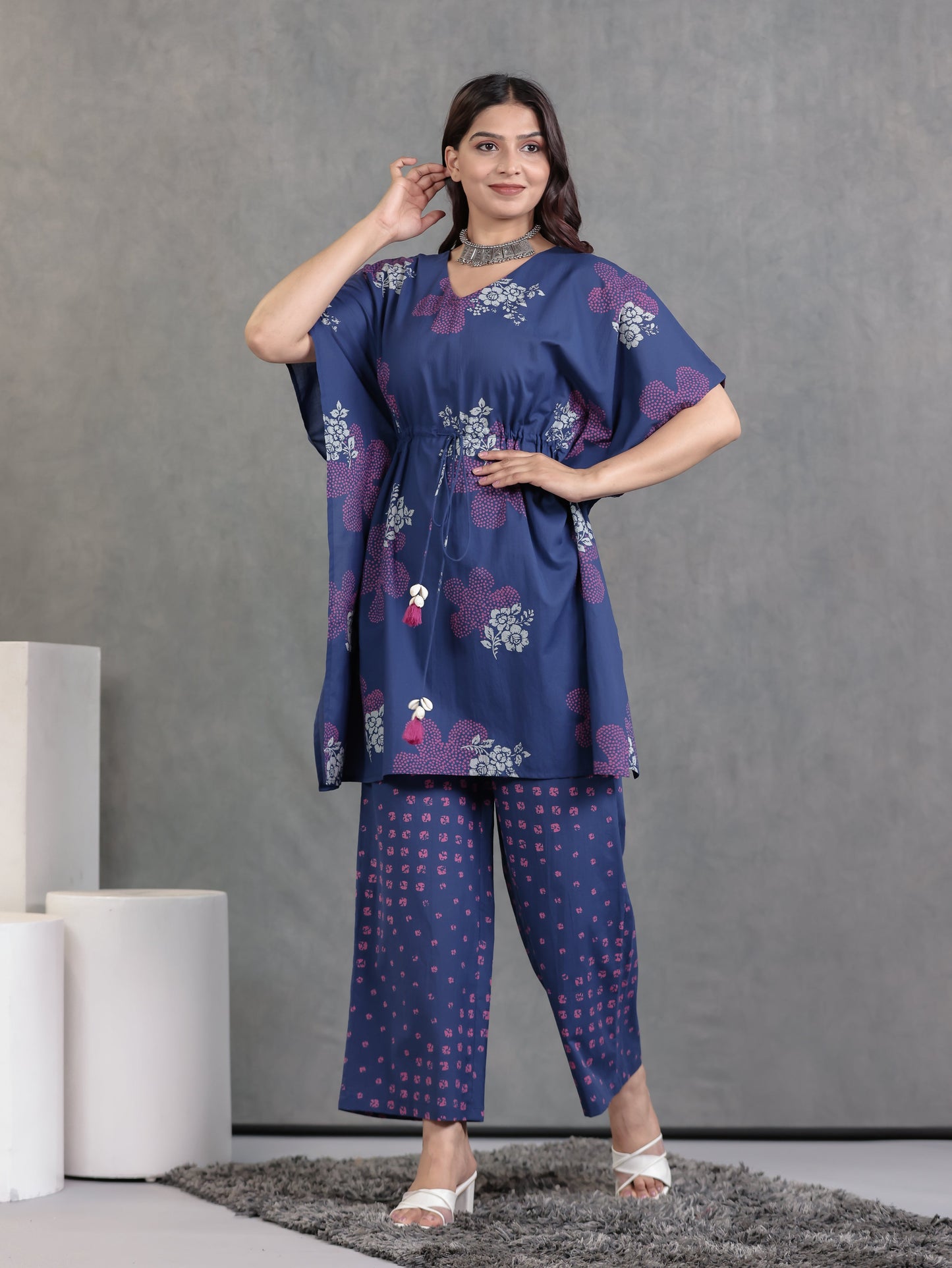 Soft Cotton Bandhani Kaftan Blue Kurta