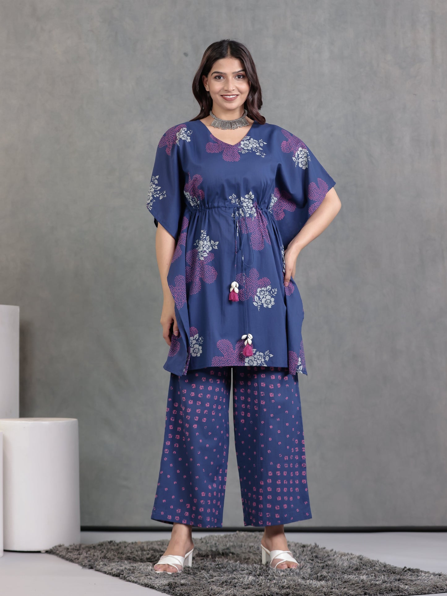 Soft Cotton Bandhani Kaftan Blue Kurta