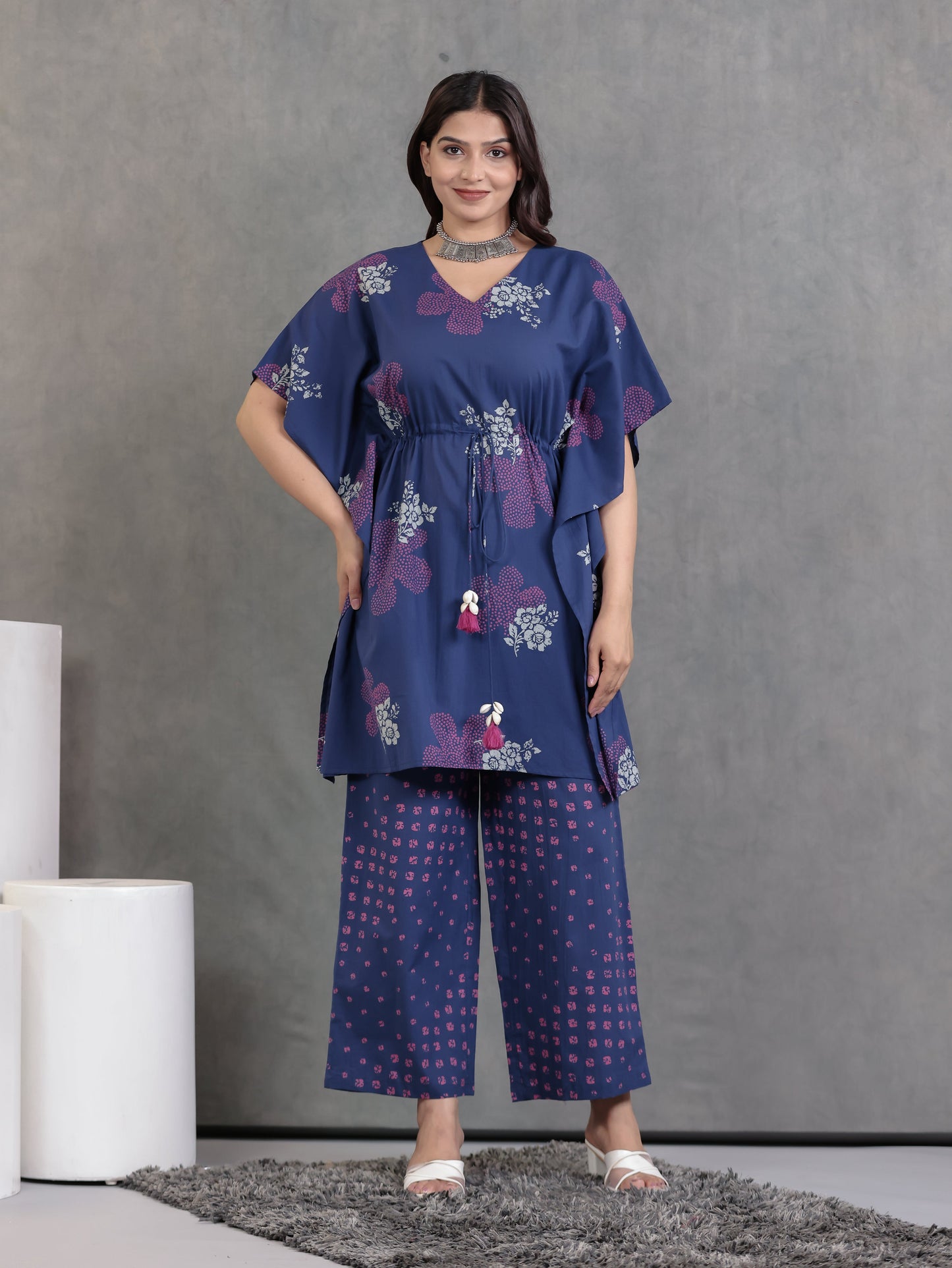 Soft Cotton Bandhani Kaftan Blue Kurta