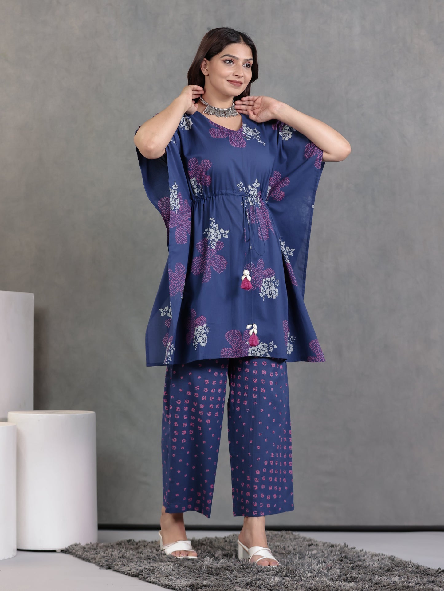 Soft Cotton Bandhani Kaftan Blue Kurta