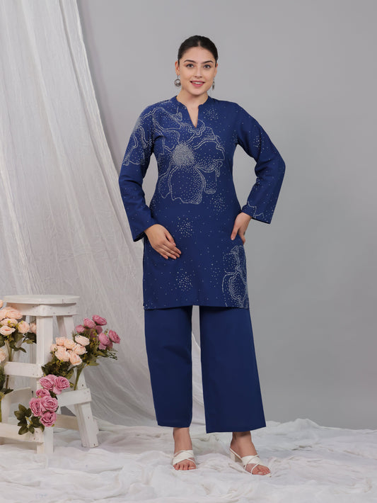 Soft Cotton Floral Straight Blue Kurta