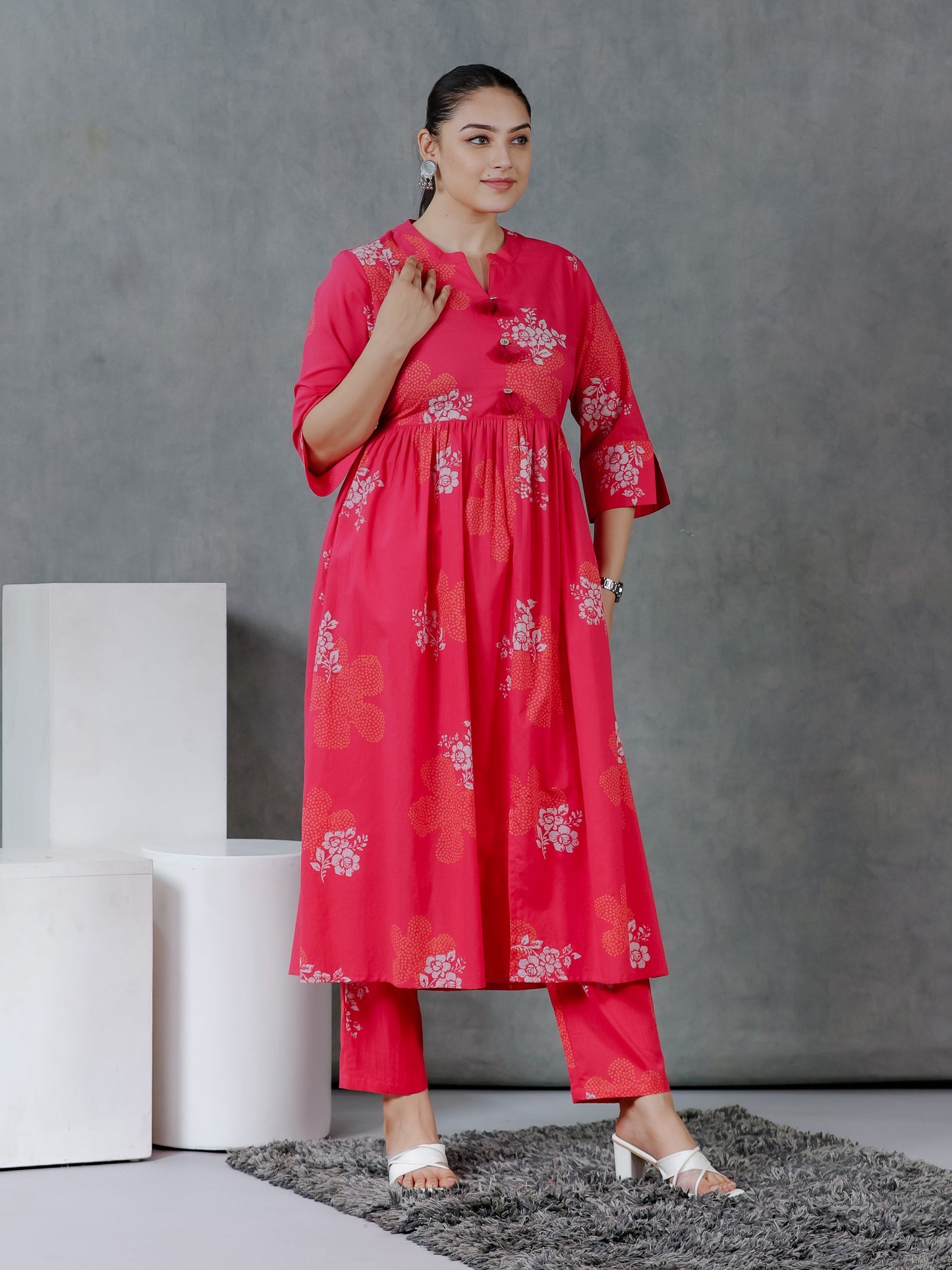 Soft Cotton Bandhani Flared Pink Kurta