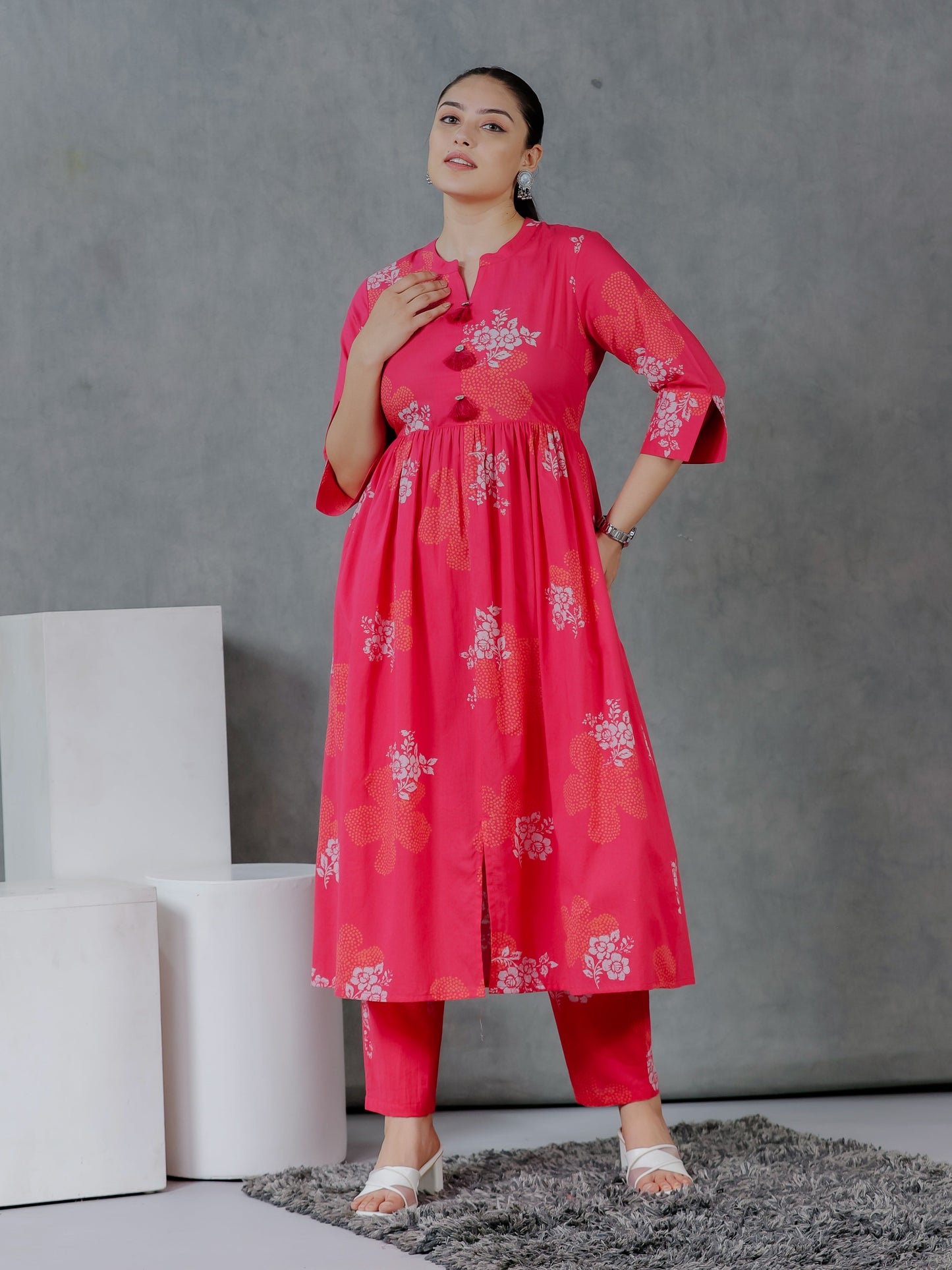Soft Cotton Bandhani Flared Pink Kurta