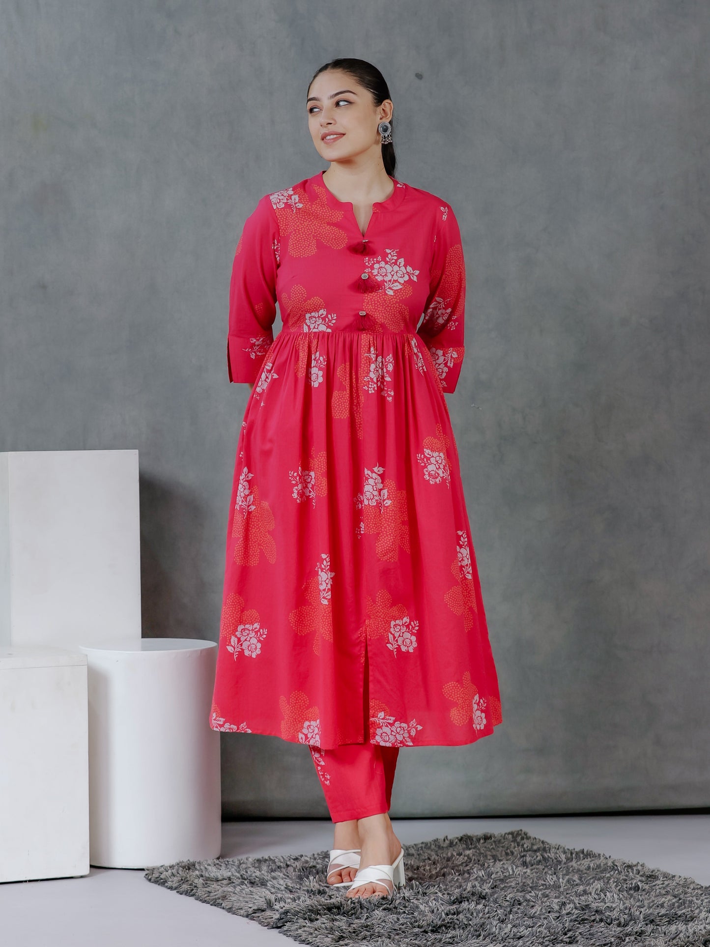 Soft Cotton Bandhani Flared Pink Kurta