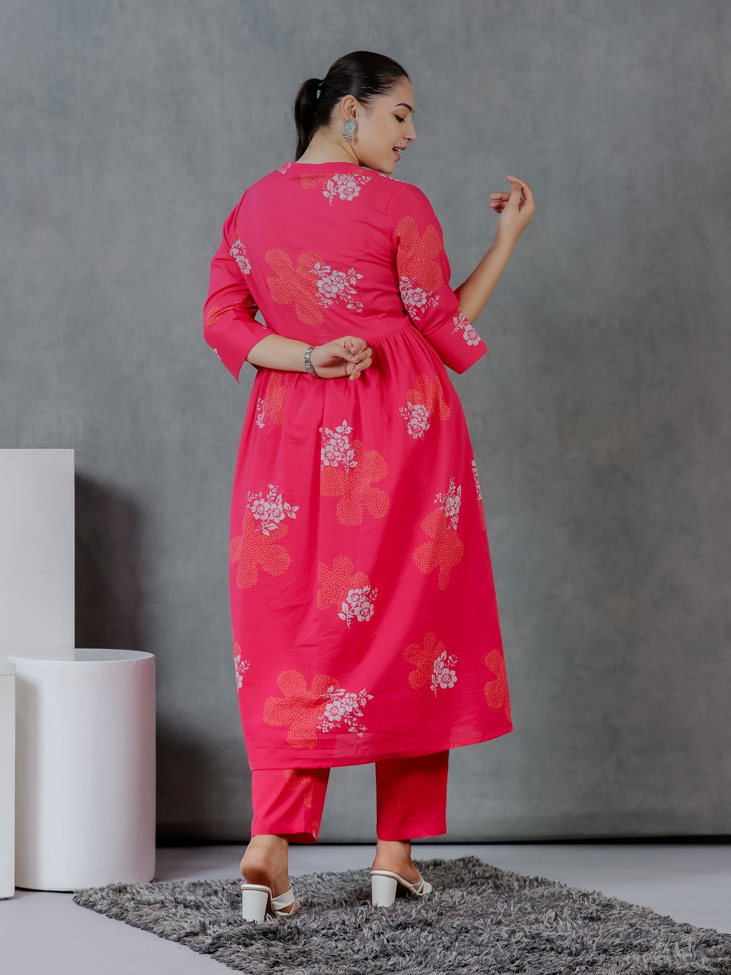 Soft Cotton Bandhani Flared Pink Kurta