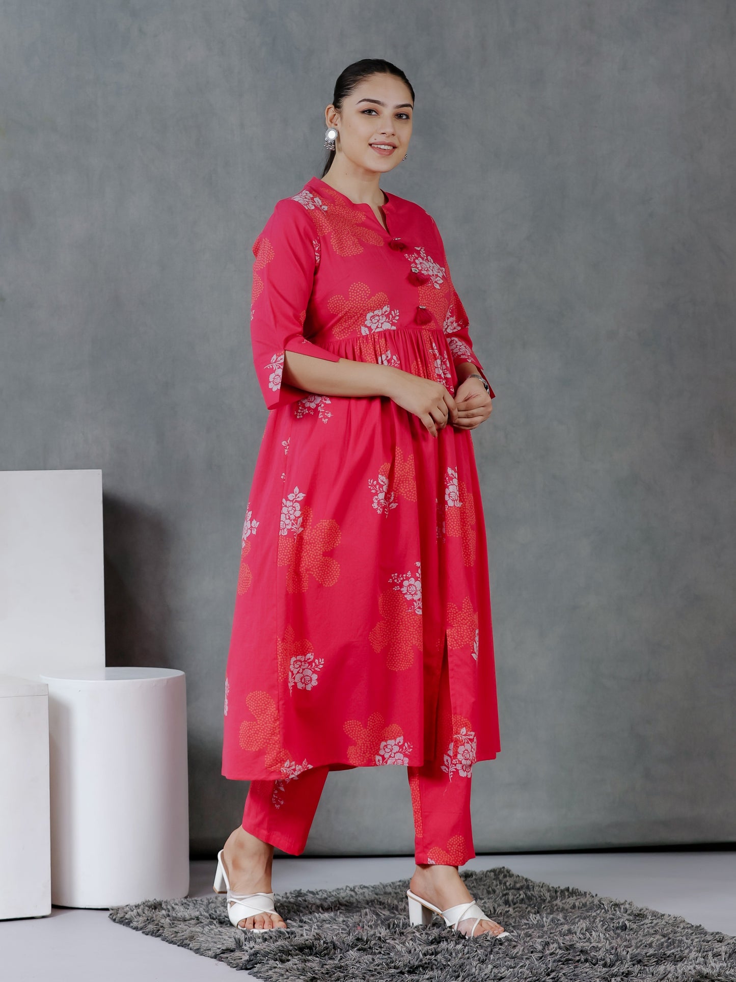 Soft Cotton Bandhani Flared Pink Kurta