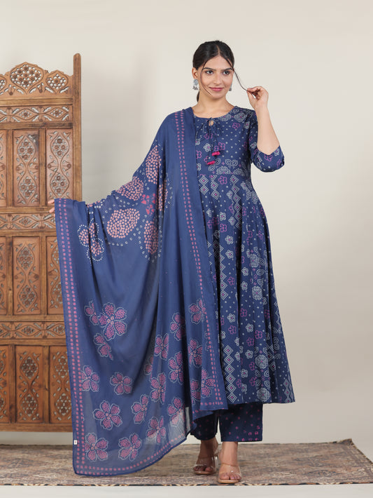Soft Cotton Bandhani Anarkali Blue Kurta