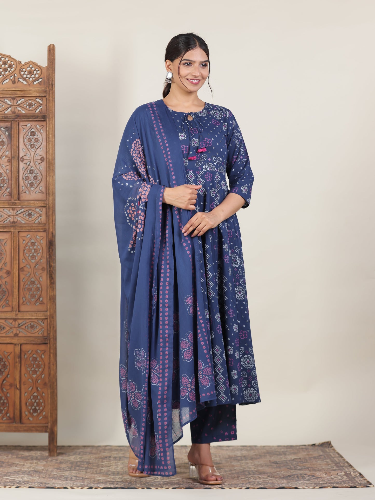Soft Cotton Bandhani Anarkali Blue Kurta