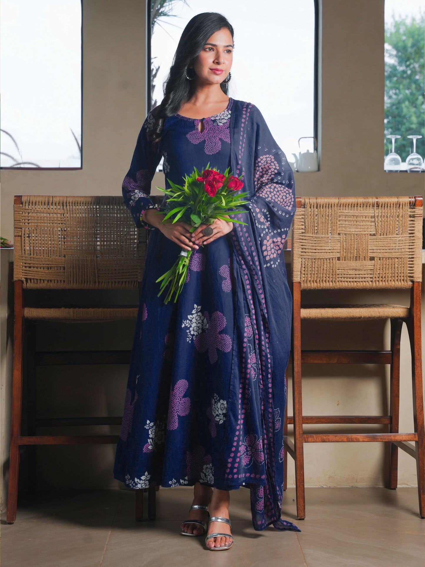 Soft Cotton Bandhani Anarkali Blue Kurta
