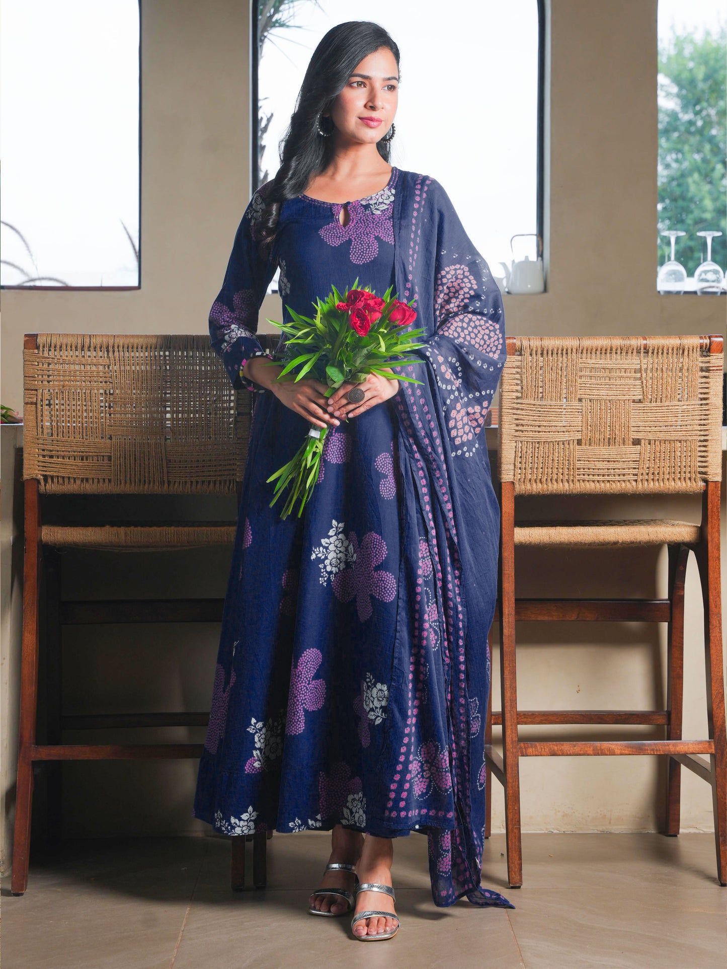 Soft Cotton Bandhani Anarkali Blue Kurta