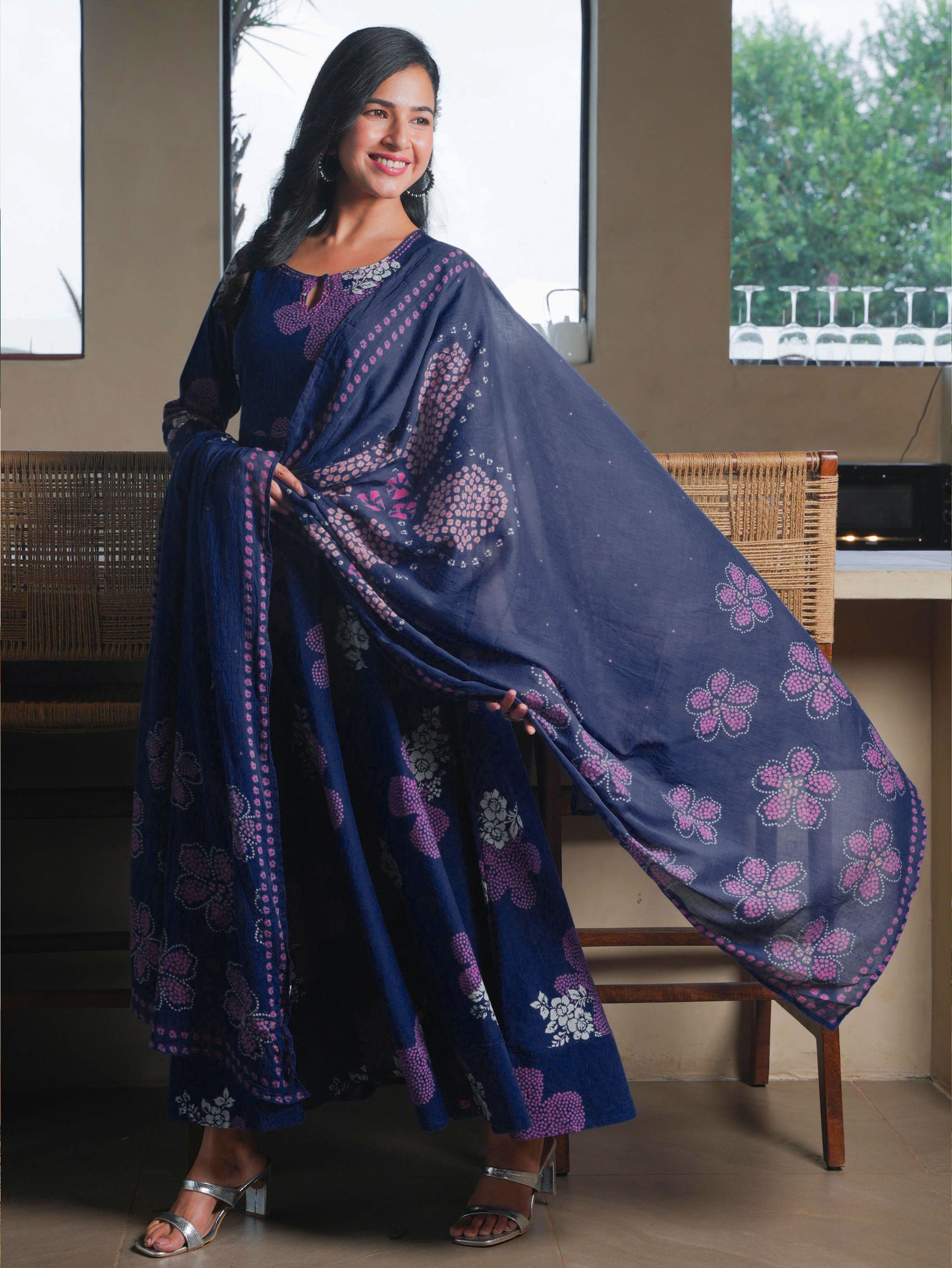 Soft Cotton Bandhani Anarkali Blue Kurta