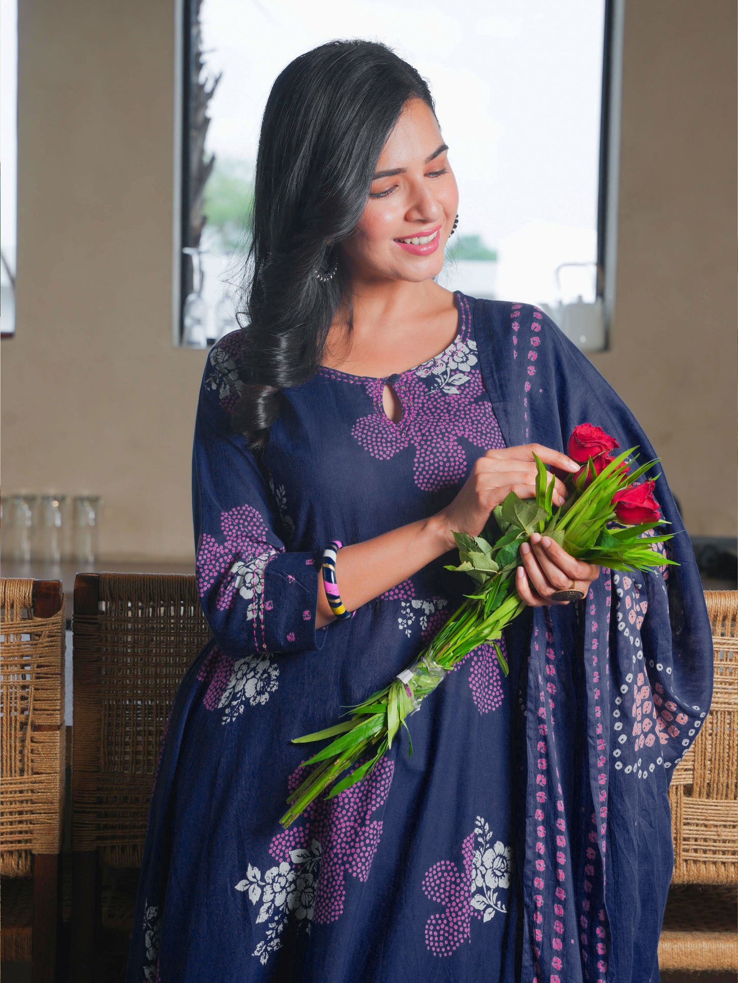 Soft Cotton Bandhani Anarkali Blue Kurta