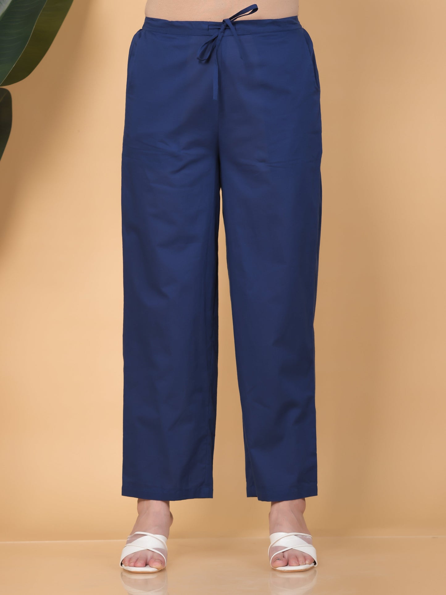 Soft Cotton Solid Blue Trousers Straight Trousers
