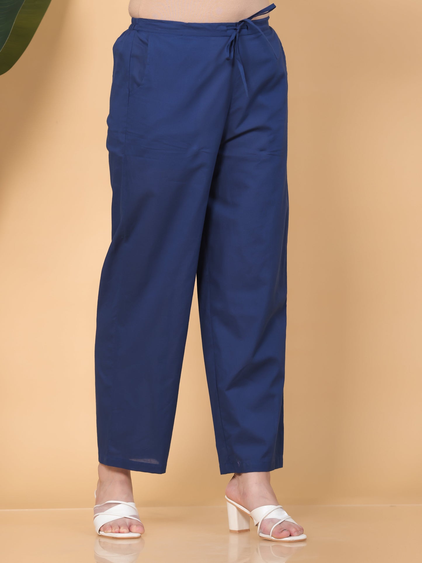 Soft Cotton Solid Blue Trousers Straight Trousers