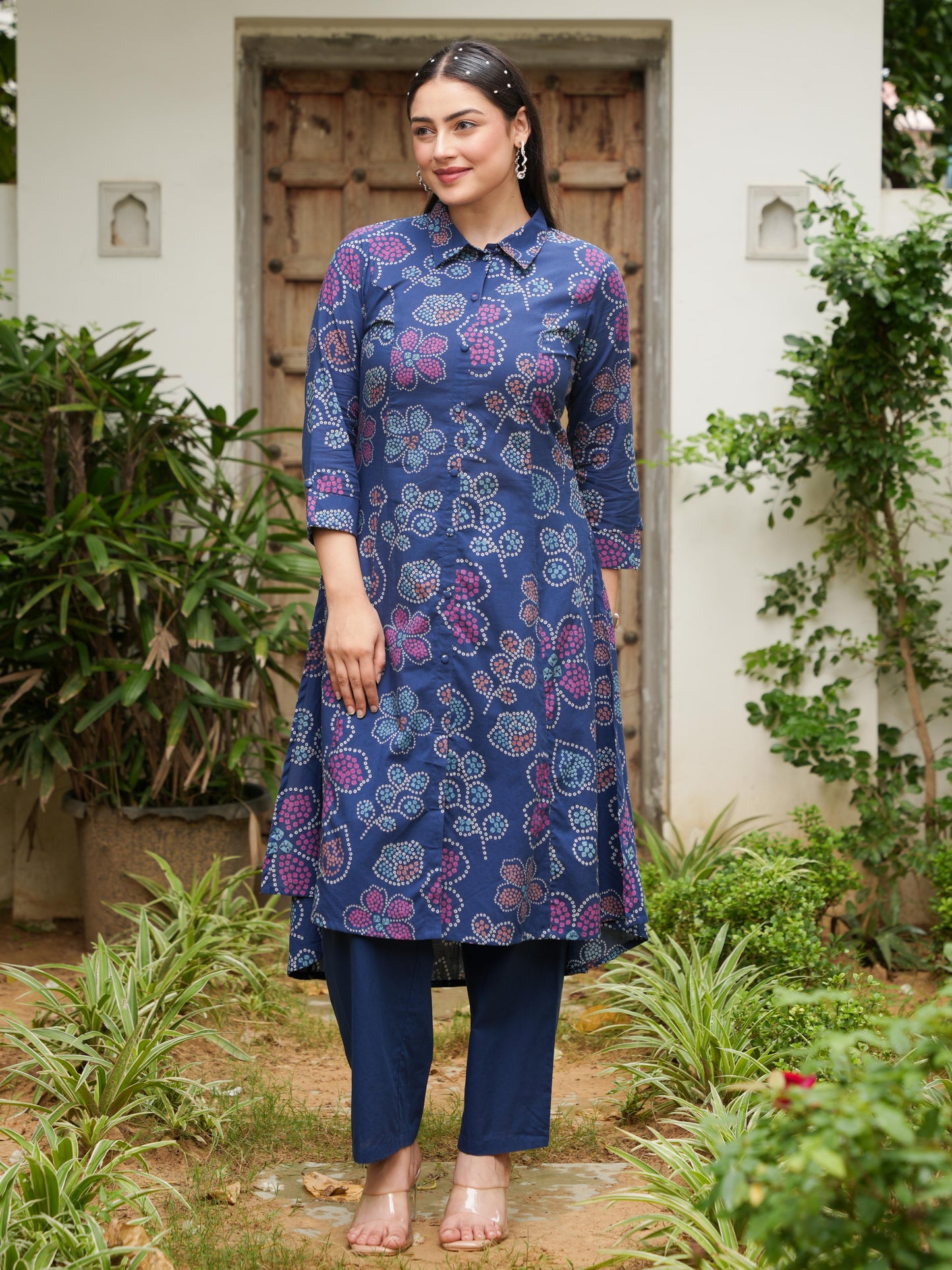 Soft Cotton Bandhani High Low Blue Kurta