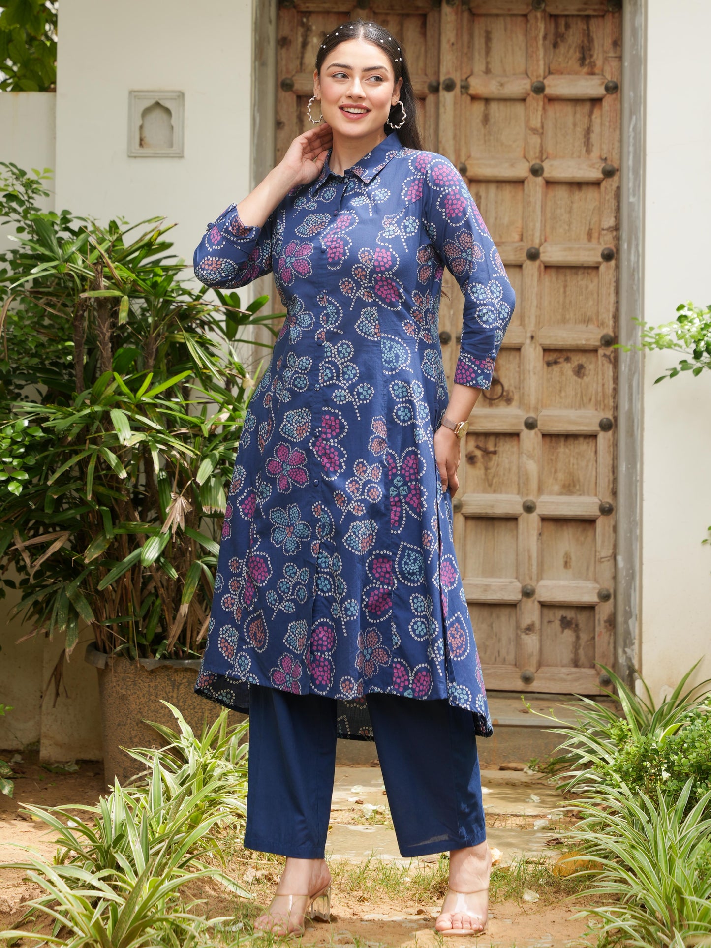 Soft Cotton Bandhani High Low Blue Kurta